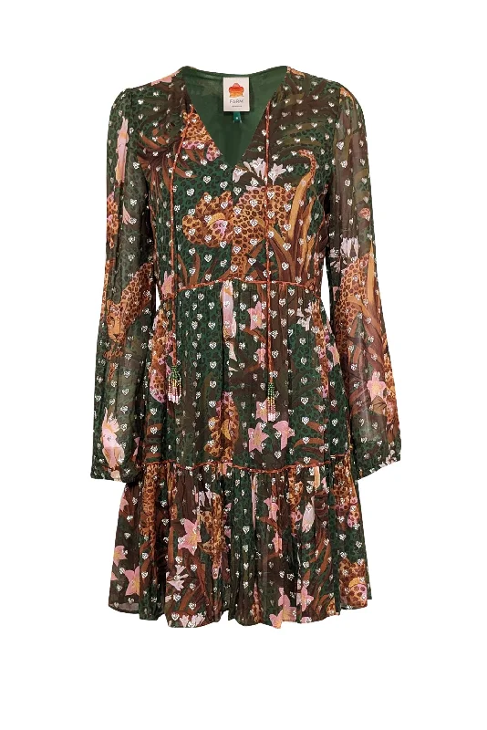 Farm - Green, Tan, & Peach Jungle Print Mini Dress w/ Metallic Hearts Sz M