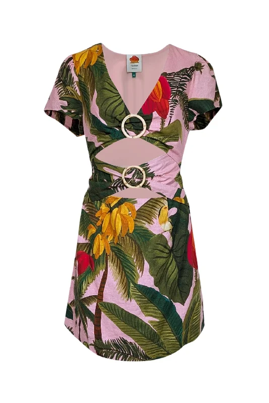 Farm - Pink & Green Tropical Print Linen Blend Mini Dress Sz M