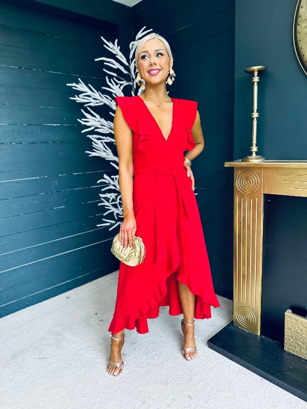 Diana Frill Wrap Midi Dress Red