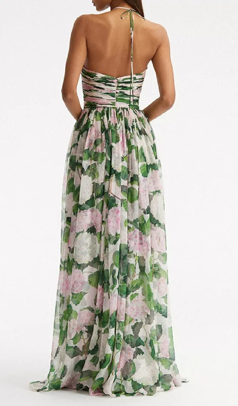 FLORAL HALTERNECK MAXI DRESS IN GREEN