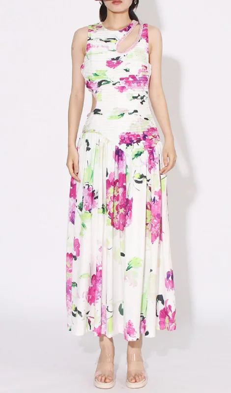 FLORAL PRINTED CUTOUT MAXI DRESS IN WHITE