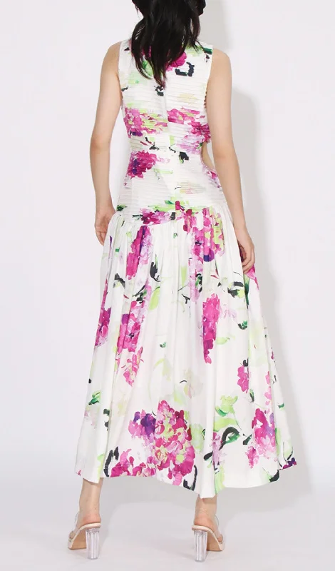 FLORAL PRINTED CUTOUT MAXI DRESS IN WHITE