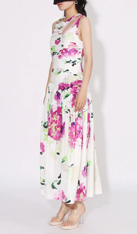 FLORAL PRINTED CUTOUT MAXI DRESS IN WHITE