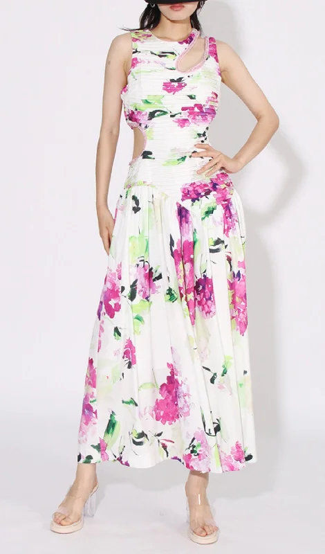 FLORAL PRINTED CUTOUT MAXI DRESS IN WHITE