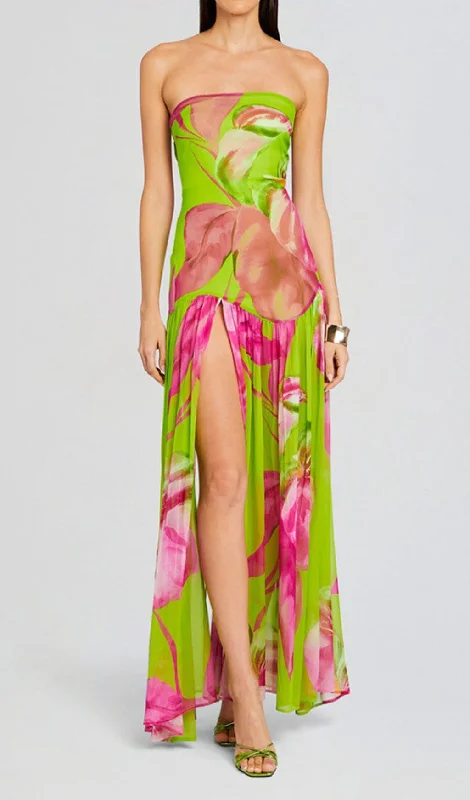 FLORAL PRINTED STRAPLESS SILK SLIT MAXI DRESS IN GREEN