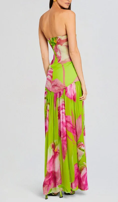 FLORAL PRINTED STRAPLESS SILK SLIT MAXI DRESS IN GREEN