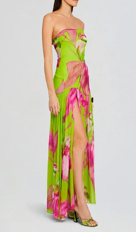 FLORAL PRINTED STRAPLESS SILK SLIT MAXI DRESS IN GREEN