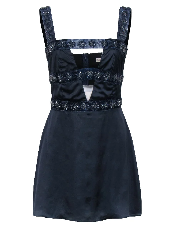 For Love & Lemons - Navy Sleeveless Beaded Trim Mini Dress Sz S