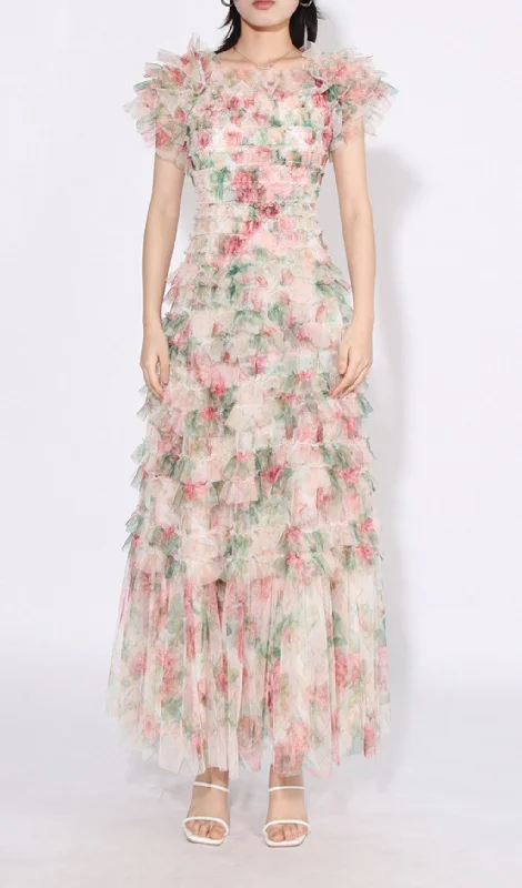 FRENCH FLORAL-PRINTED RUCHED MAXI DRESS IN PINK