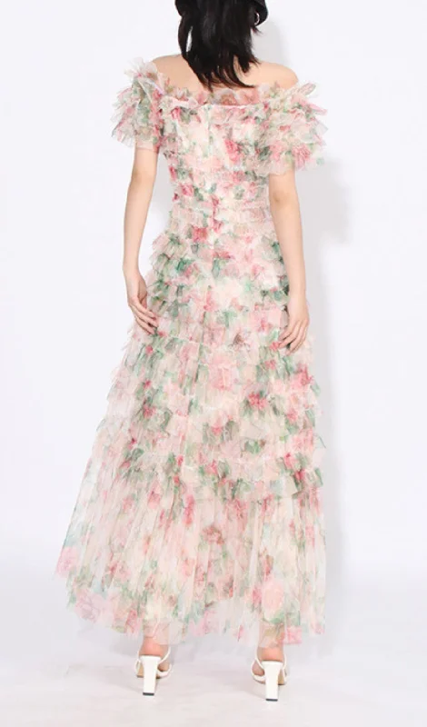 FRENCH FLORAL-PRINTED RUCHED MAXI DRESS IN PINK