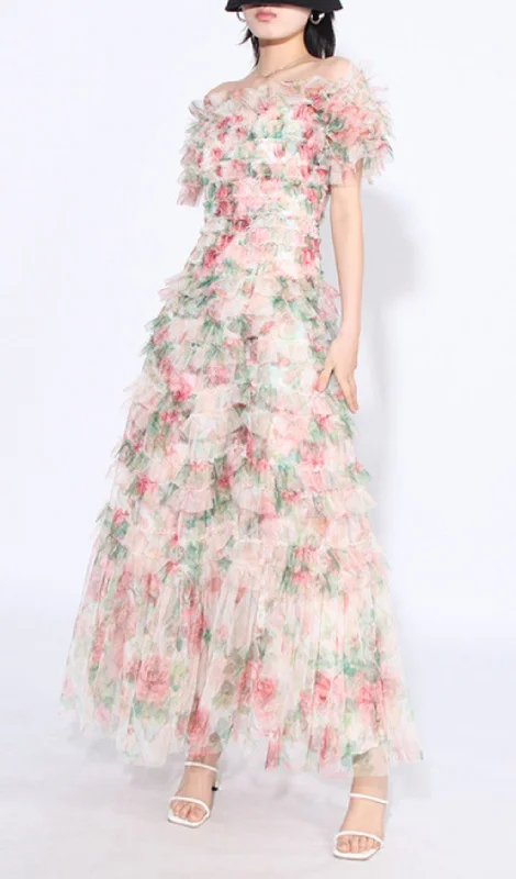 FRENCH FLORAL-PRINTED RUCHED MAXI DRESS IN PINK