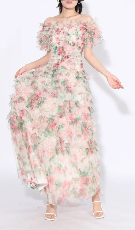 FRENCH FLORAL-PRINTED RUCHED MAXI DRESS IN PINK