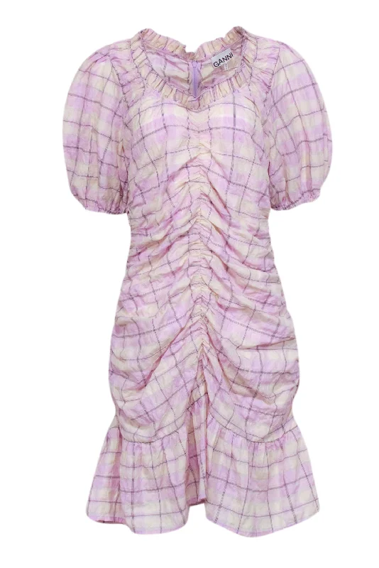 Ganni - Lilac & Cream Check Printed Seersucker Mini Dress Sz 14