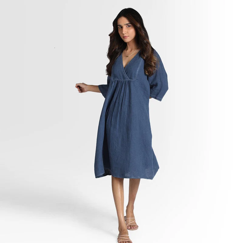 Pure Linen Midi Dress | Blue