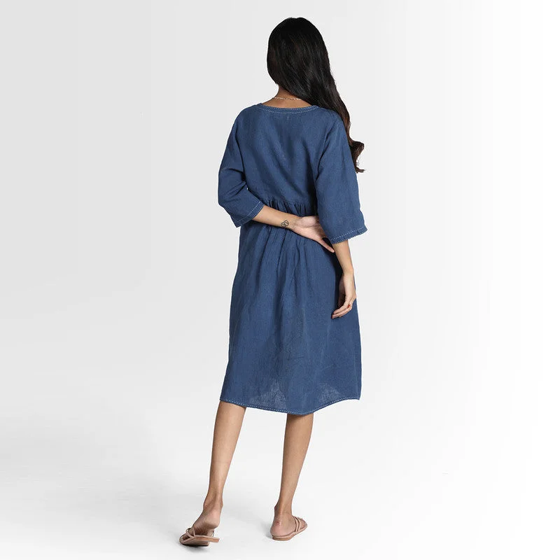 Pure Linen Midi Dress | Blue