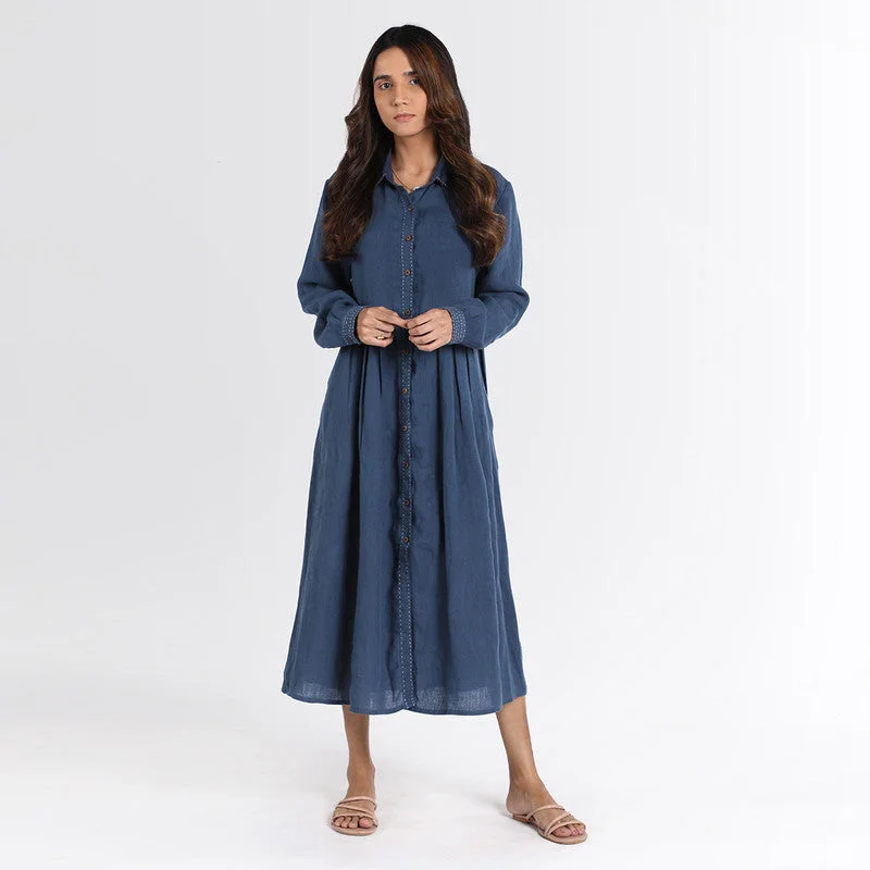 Pure Linen Midi Dress | Blue