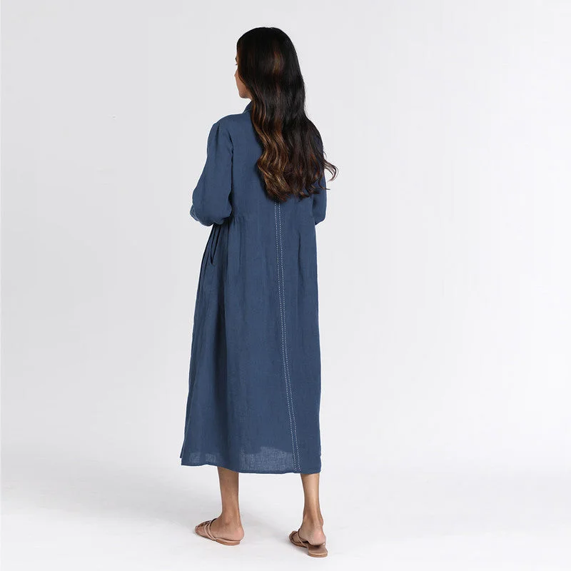 Pure Linen Midi Dress | Blue