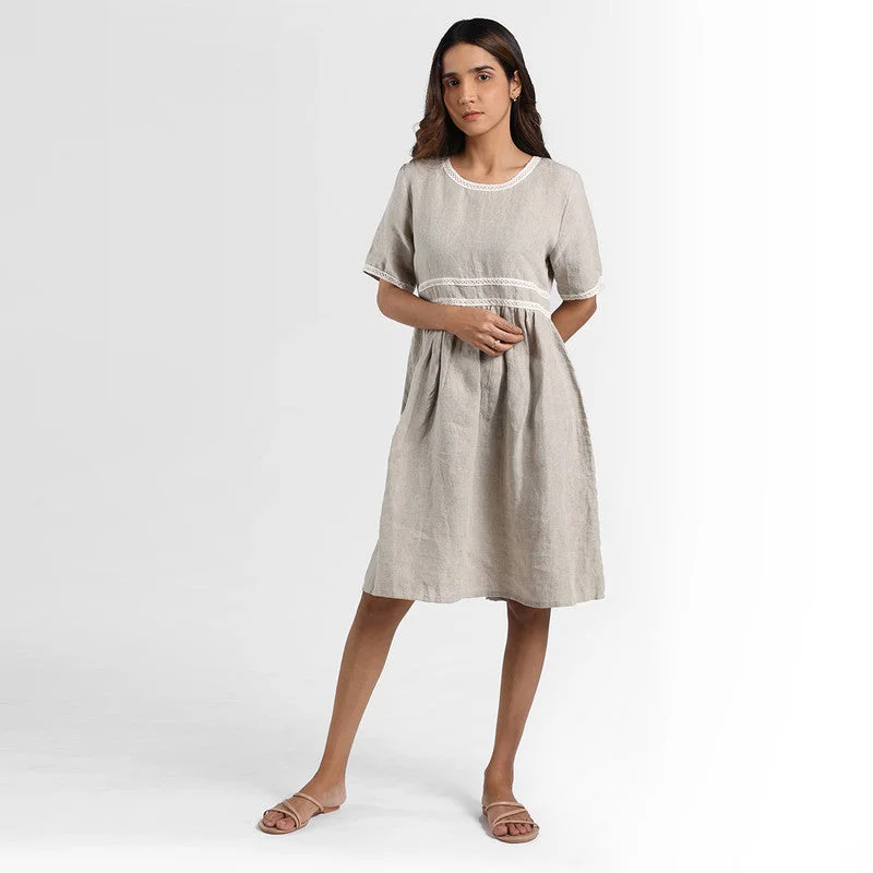 Pure Linen Midi Dress | Round Neck Pattern | Grey