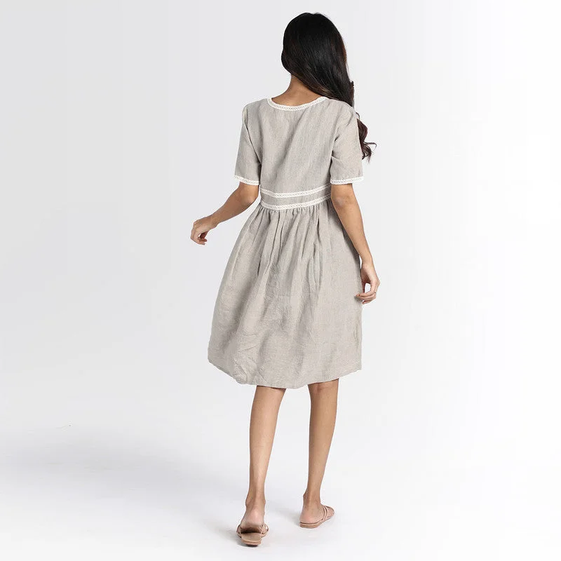 Pure Linen Midi Dress | Round Neck Pattern | Grey