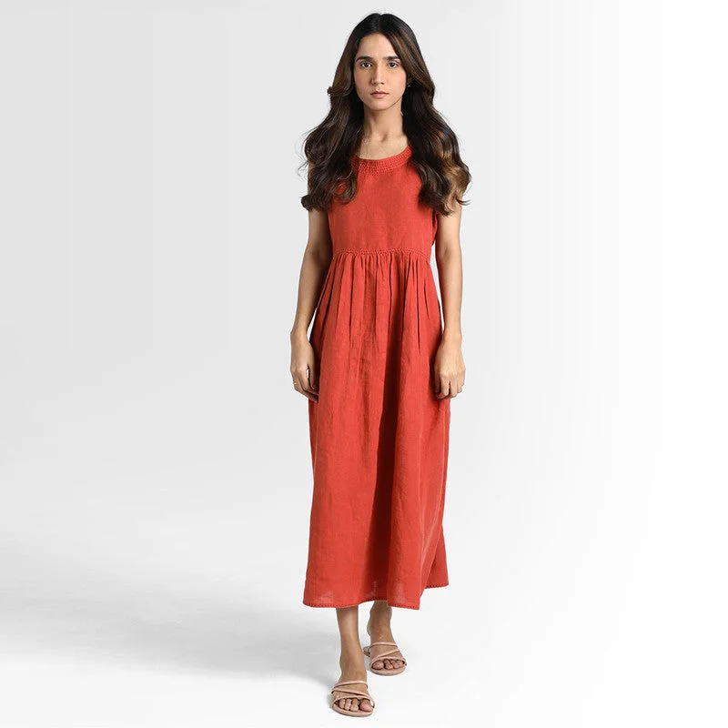 Pure Linen Midi Dress | Rust Orange