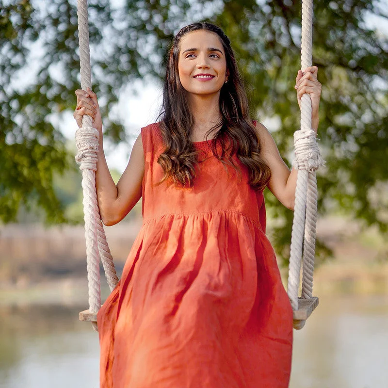 Pure Linen Midi Dress | Rust Orange