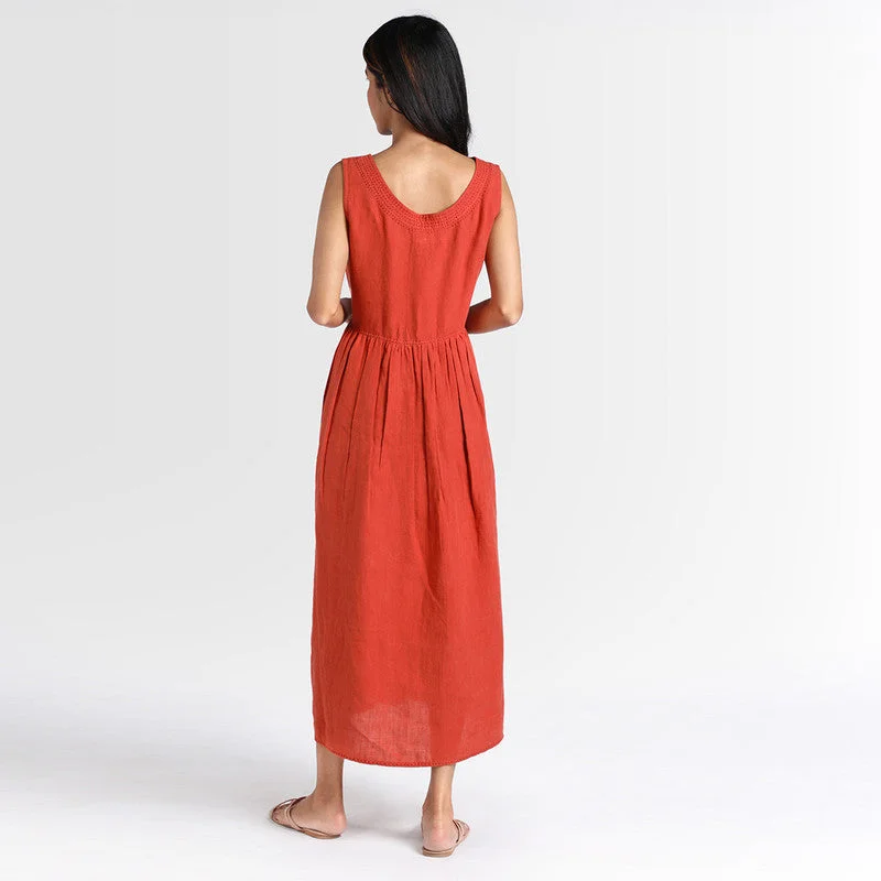 Pure Linen Midi Dress | Rust Orange