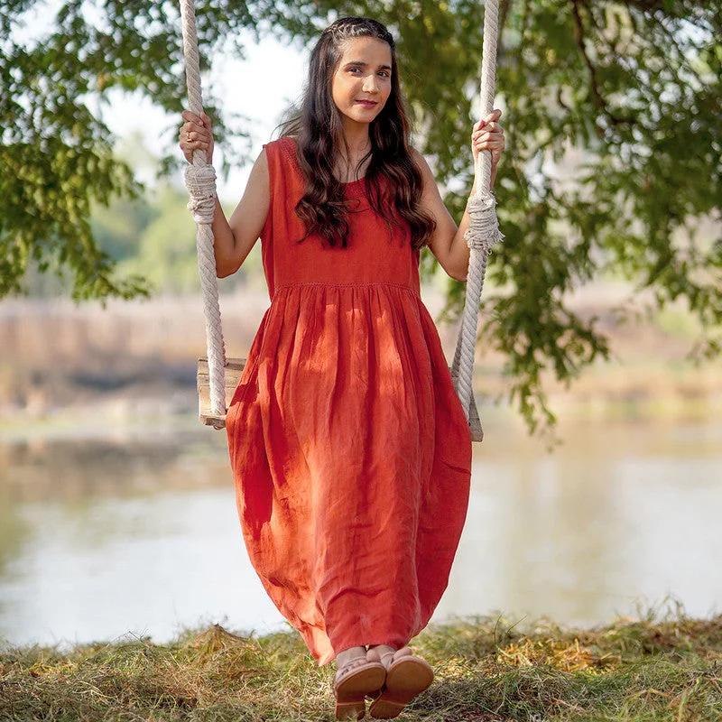 Pure Linen Midi Dress | Rust Orange