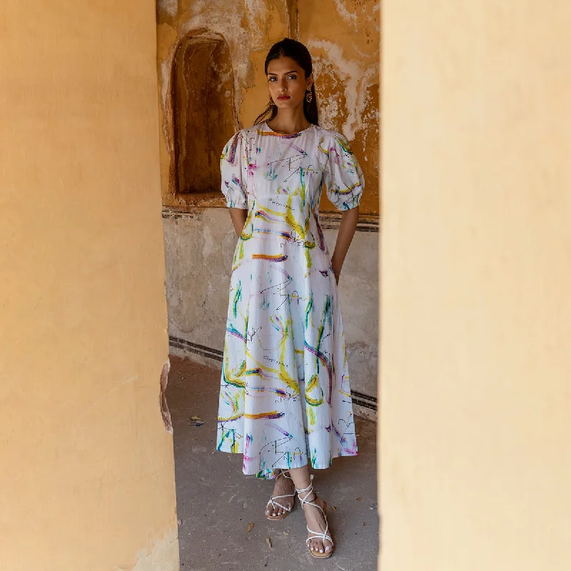 Cotton Maxi Dress for Women | Puff Sleeves | Multicolour