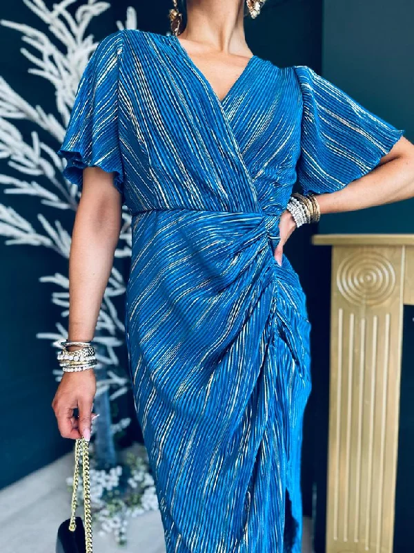 Isla Metallic Midi Dress Ink Blue & Gold