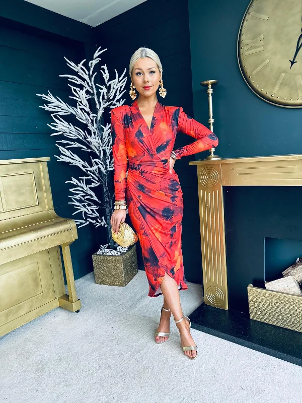 Jill Printed Long Sleeve Midi Dress Rouge