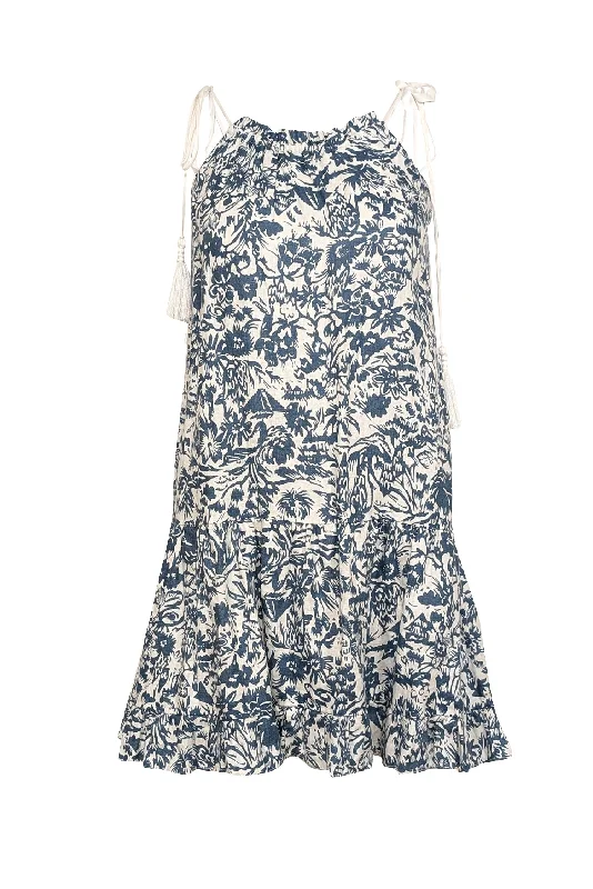 Joie - Blue & White Floral Sleeveless w/ Tassel Straps Linen Mini Dress Sz XS