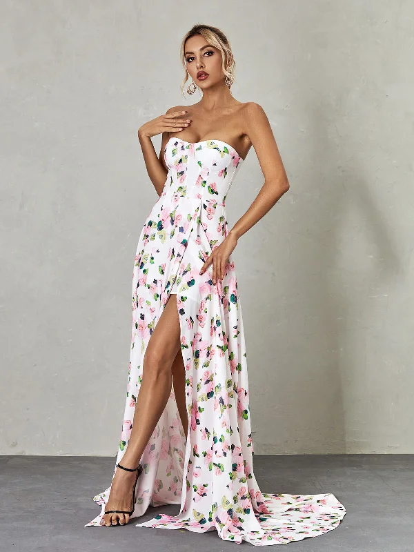 STRAPLESS FLORAL SPLIT MAXI DRESS