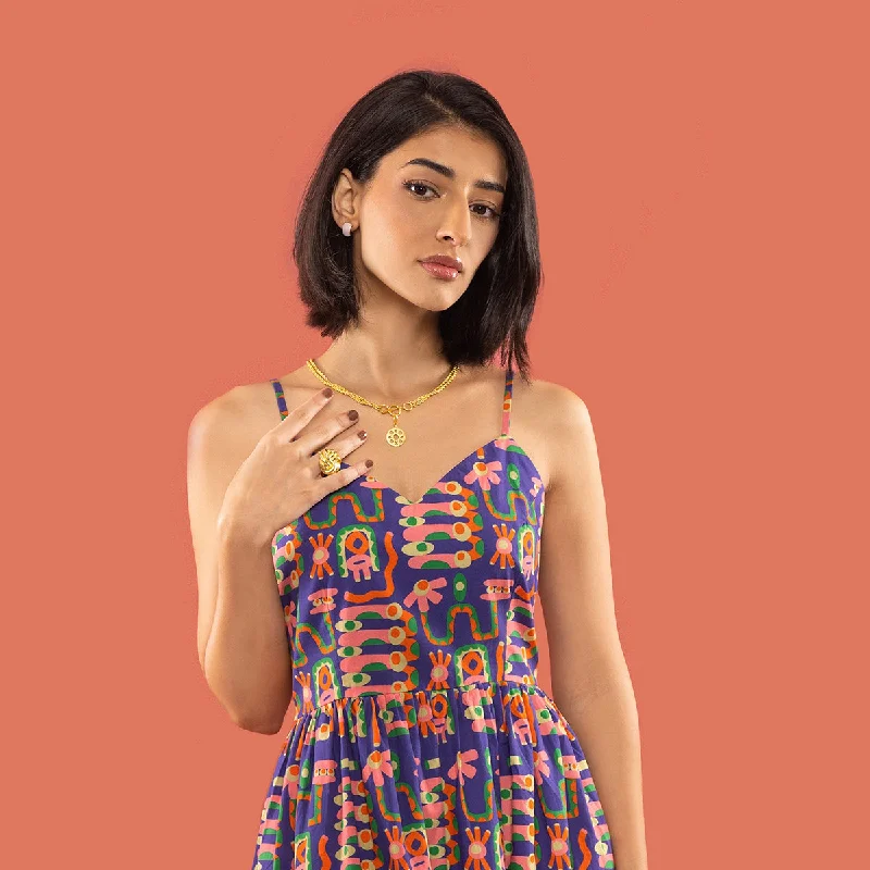 Cotton Midi Dress | Digital Print | Pink & Purple