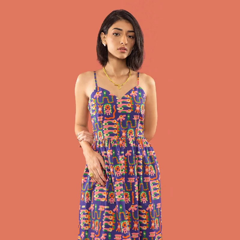 Cotton Midi Dress | Digital Print | Pink & Purple