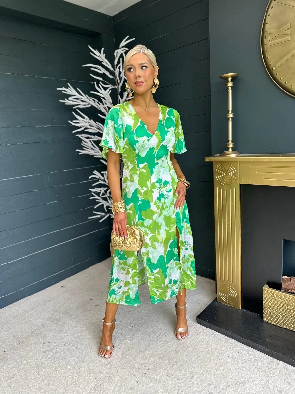 Levi Green Leaf Angel Sleeve Split Leg Midi Dress