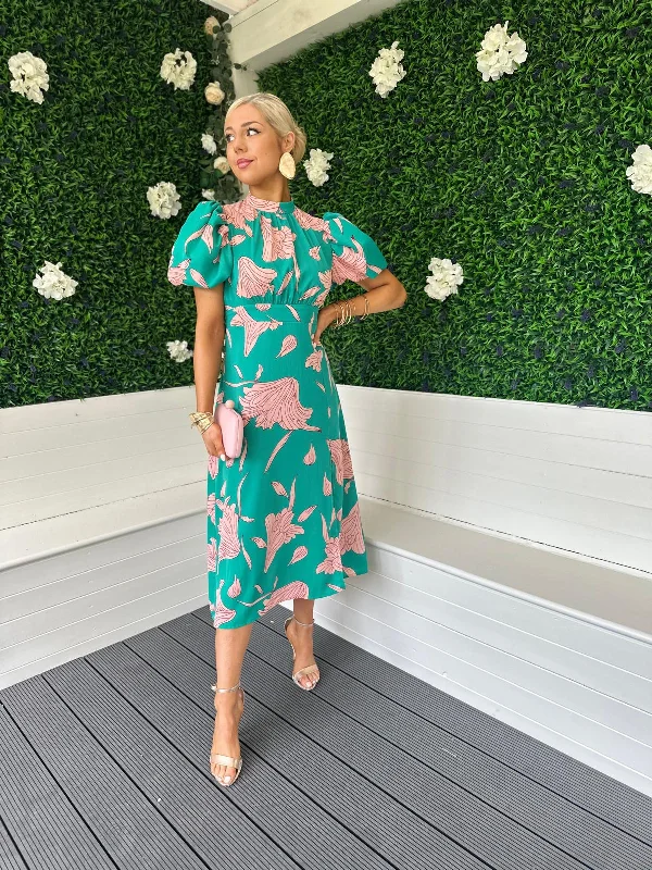 Lilith Puff Sleeve Midi Dress Floral Green