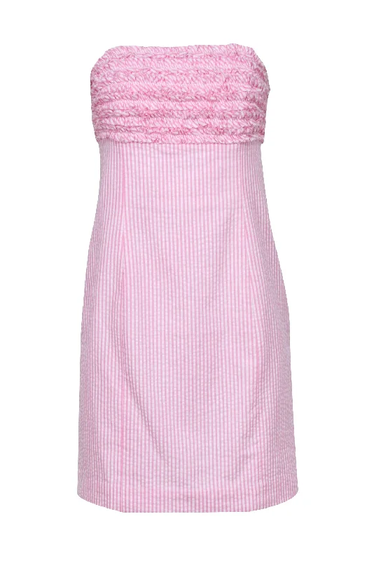 Lilly Pulitzer - Pink & White Pinstriped Seersucker Mini Strapless Dress Sz 6