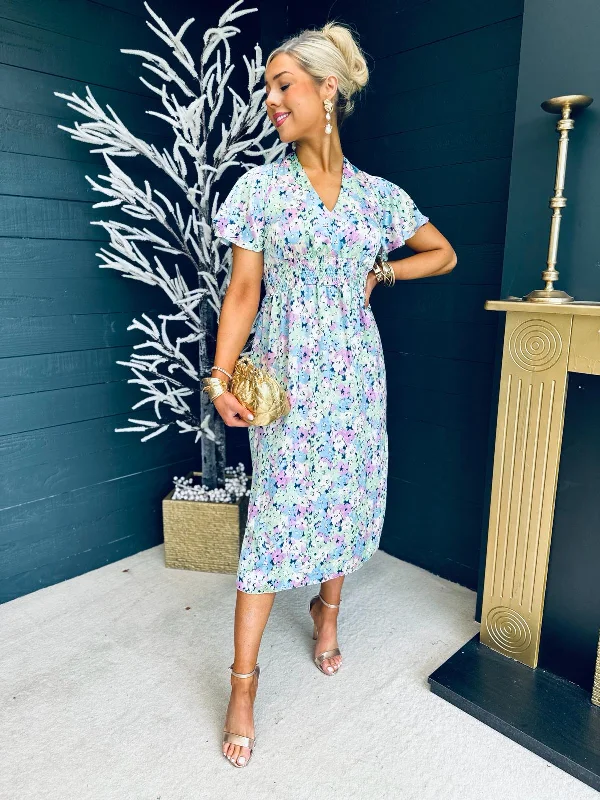 Liz Banded Midi Dress Floral Pastel