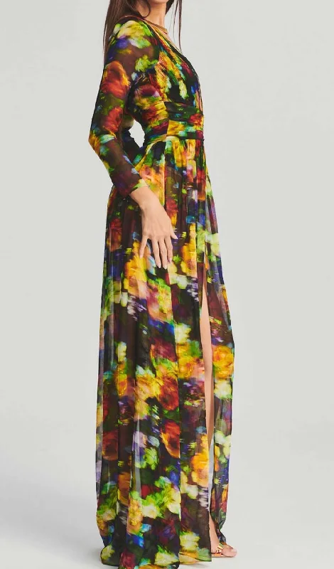 LONG SLEEVE CHIFFON MAXI DRESS IN MULTICOLOR