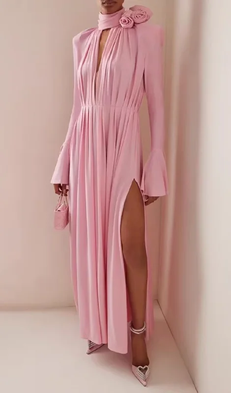 LONG SLEEVE FLOWER EMBELLISHED MAXI DRESS IN PINK