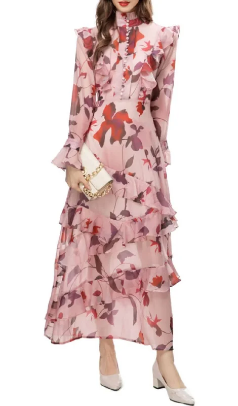 LONG SLEEVE RUFFLE-TRIMMED FORAL SILK MAXI DRESS