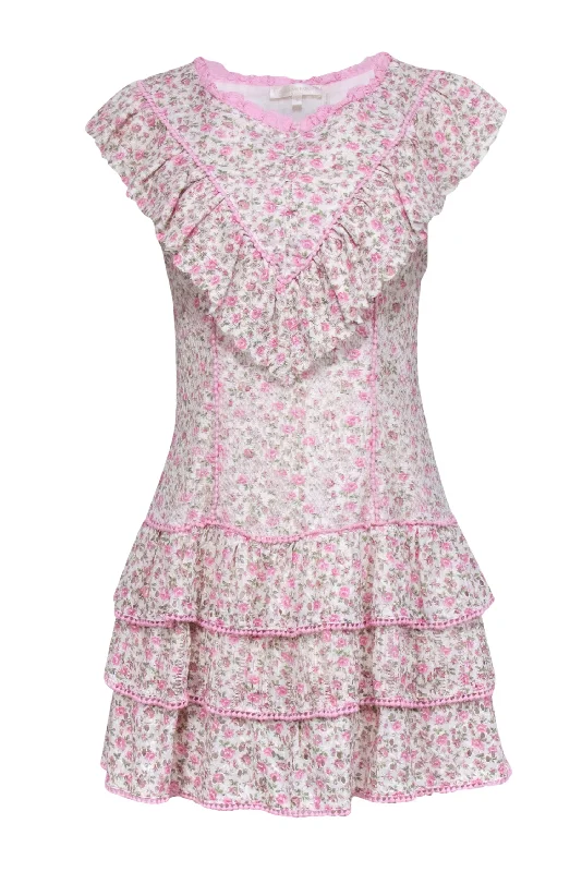 LoveShackFancy - Ivory & Pink Floral Print Eyelet Lace Mini Dress Sz 6