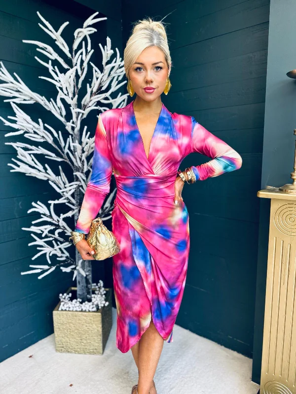 Maddie Printed Long Sleeve Wrap Over Midi Dress