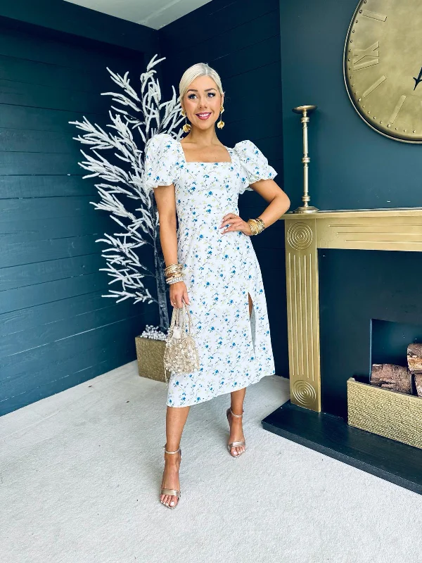 Meara Square Neck Midi Dress Blue Floral