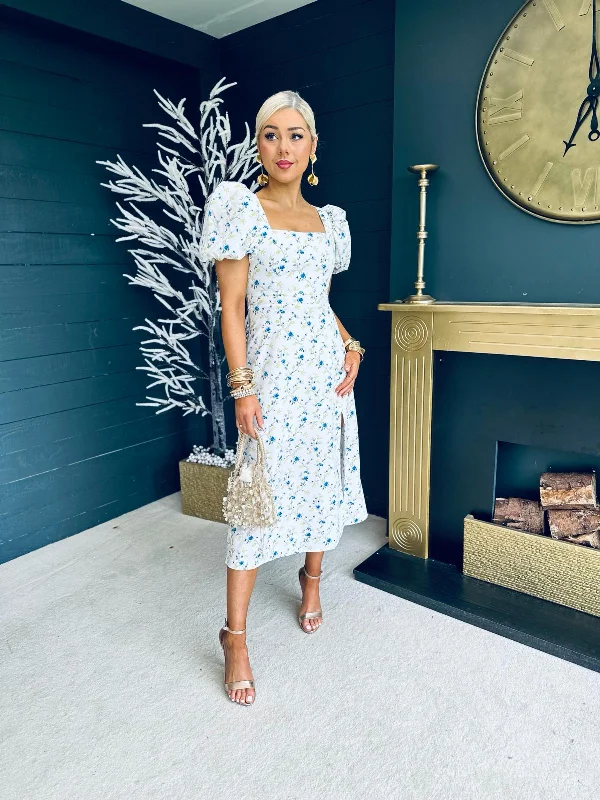 Meara Square Neck Midi Dress Blue Floral