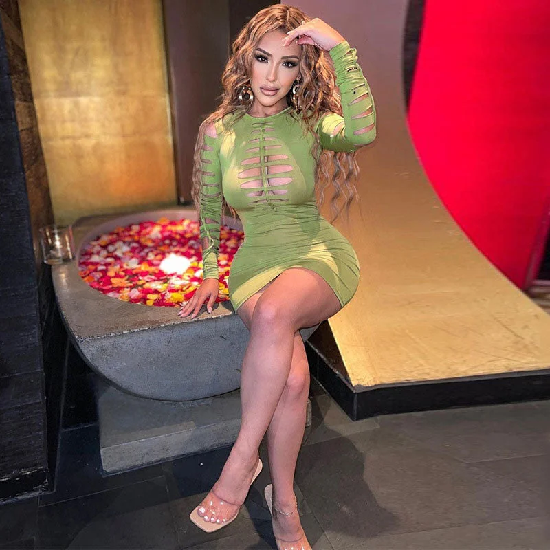 Slashed Ladder Cut Out Crew Neck Long Sleeve Bodycon Mini Dress - Green