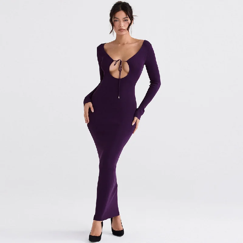 Solid Color Long Sleeve Bodycon Maxi Dress - Purple