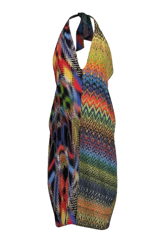 Missoni - Green, Red, Black, Yellow & Blue Halter Silk Mini Dress Sz M