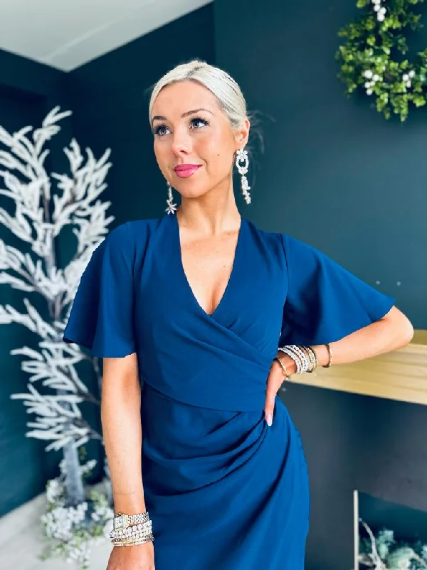 Natasha Angel Sleeve Wrap Midi Dress Navy