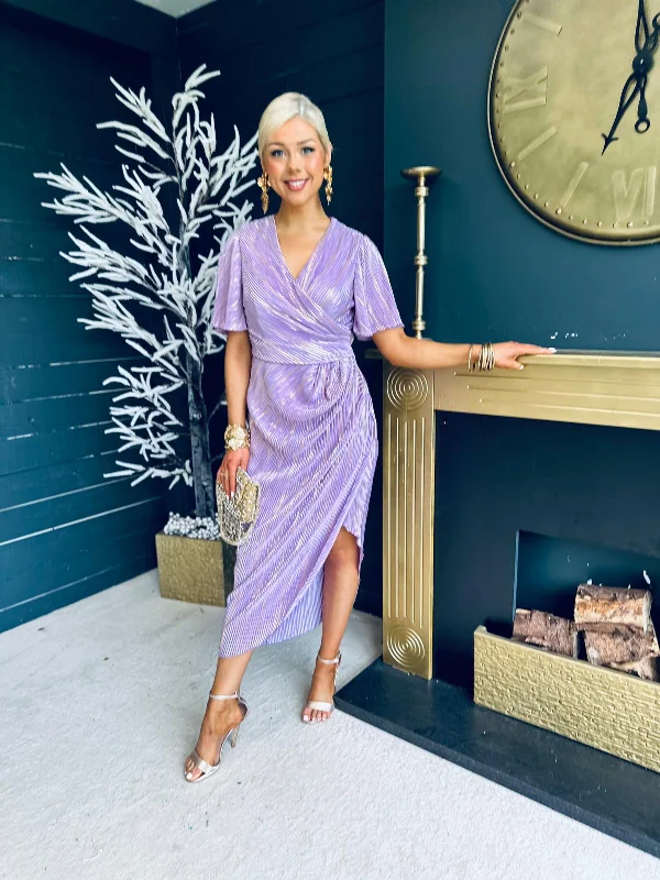 Natasha Metallic Angel Sleeve Wrap Midi Dress Lilac